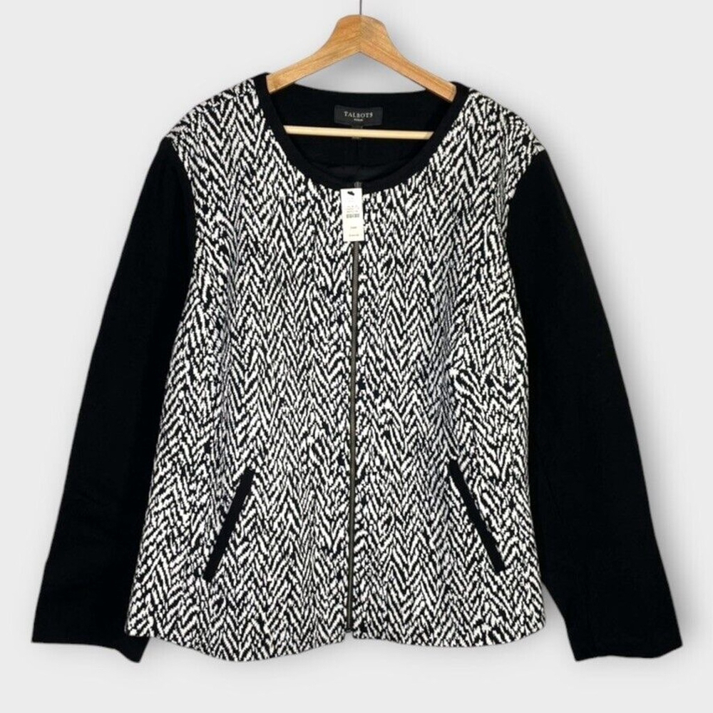 New TALBOTS Zip Front Fully Lined Herringbone Black White Sweater Jacket Sz 24W